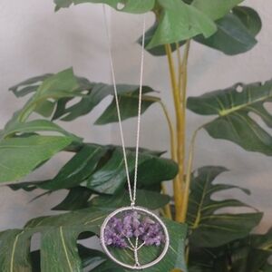 Elegant Silver and Purple Amethyst Tree Of Life Pendant Necklace Silver Chain